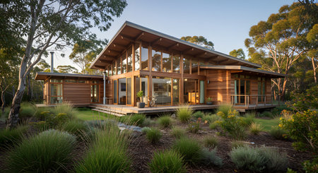 Harmony in Timber: A Contemporary Wooden Residence Nestled in Verdant Bushland Under the Golden Glow of Duskの素材