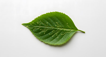 Harmonious Blend: Vibrant Green Leaf Intertwined with Golden Digital Circuitry Symbolizing Eco-Tech Innovationの素材