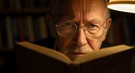 Elderly Scholar with Intense Gaze Reading Book by Lamp Lightの素材