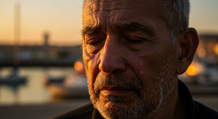 Close-up of a contemplative senior man with tears at golden sunset, conveying deep emotion and reflectionの素材
