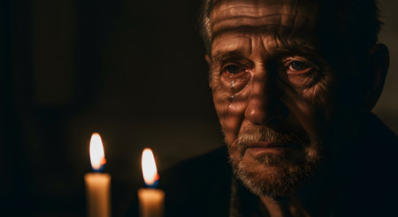 Elderly man shedding tears by candlelight, a poignant moment of sorrow and reflection in a dim, intimate settingの素材