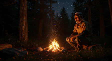 Wise Elder by a Forest Campfire Under a Starry Night Skyの素材