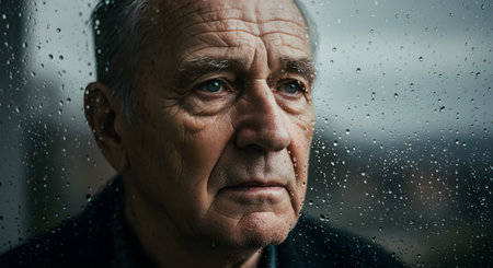 Pensive senior man looking through a rain-streaked window on a gloomy day, reflecting on life with a melancholic expression.の素材