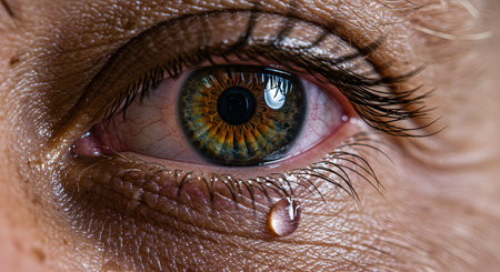 Emotional Human Eye with a Tear. Macro Close-up showing deep sadness, grief, pain, empathy, and vulnerabilityの素材