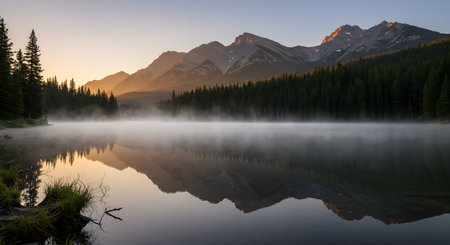 Golden Morning Mist over a Tranquil Mountain Lake with Forest and Peak Reflectionsの素材