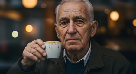 Thoughtful elderly man enjoying a warm coffee in a cozy cafe environment.の素材