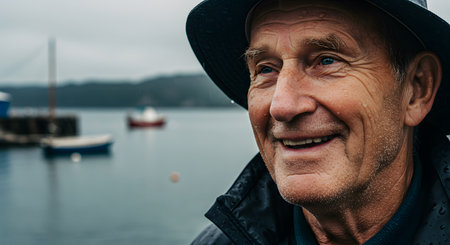 Happy senior man with blue eyes smiling in the rain at a coastal harbor.の素材
