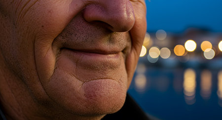 Evening Close-up of Man's Face with Stubble and Blurry City Lights Bokehの素材