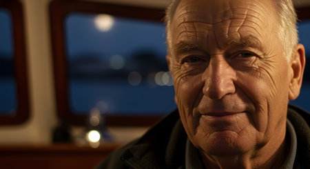 Close-up Portrait of a Thoughtful Senior Man in a Warmly Lit Boat Cabin at Duskの素材