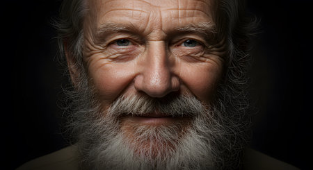 Wise, Smiling Elderly Man with Long White Beard and Blue Eyes Against Dark Backgroundの素材