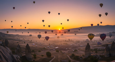Breathtaking Hot Air Balloon Festival at Sunrise Over Misty Cappadocia Valleys and Fairy Chimneysの素材