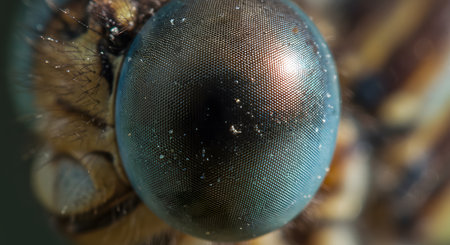 Extreme Macro View of an Insect's Compound Eye, revealing thousands of intricate facets and fine hairs.の素材