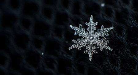 Intricate hexagonal snowflake macro on a dark textured background, showcasing the delicate beauty and unique crystalline structure of ice. Winter wonder.の素材