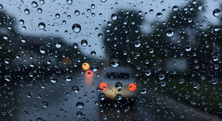 Raindrops on Car Window with Blurred City Lights and Wet Glass Textureの素材