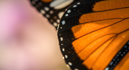 Close-up Macro of Vibrant Monarch Butterfly Wing with Delicate Scales and Intricate Patternsの素材