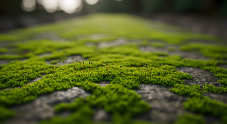 Vibrant Green Moss Patches with Spores Growing on Textured Stone Surface in Soft Lightの素材