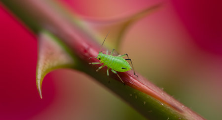 Green Aphid Pest on Rose Stem with Thorn, Macro Close-upの素材