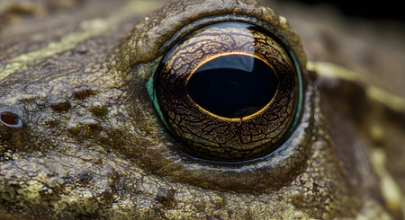 Macro shot of a frog's vibrant eye, revealing intricate patterns and textures with a sharp focus on the captivating golden iris.の素材