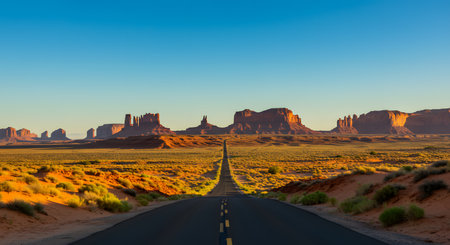 Majestic Monument Valley Landscape: Iconic Highway 163 leading to sandstone buttes at golden hour.の素材