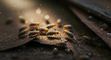Macro of tiny terrestrial isopods on damp decaying leaves, illuminated by ethereal light and sparkling dust, revealing a hidden micro-world.の素材