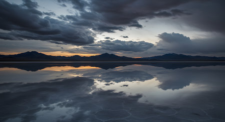 Dramatic Sunset Reflection on Vast Salt Flat with Stormy Clouds and Distant Mountainsの素材