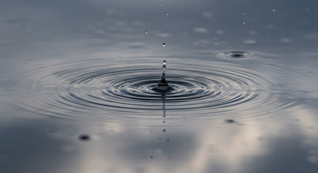 Perfect Water Drop Creates Concentric Ripples on Calm Water Surfaceの素材