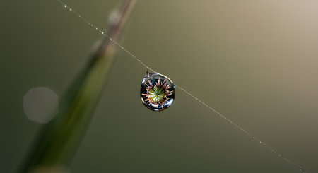Reflective beauty: Macro water drop on spider web with an inverted plant reflection, showcasing nature's delicate optical wonder.の素材