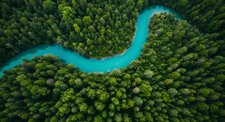 Breathtaking aerial view of a vibrant turquoise river winding through a lush green, dense forest landscape in summer.の素材
