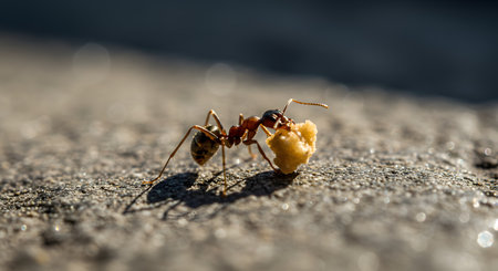 Determined Ant Carrying a Large Food Crumb on a Textured Surface, Macro Closeup in Sunlightの素材