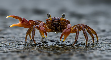 Alert Brown Crab with Raised Pincer on a Wet Textured Surfaceの素材