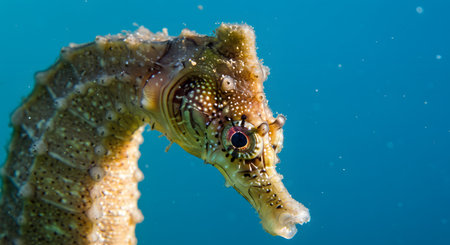 Detailed closeup of a seahorse swimming in clear blue ocean water highlighting its unique head and intricate body patternsの素材