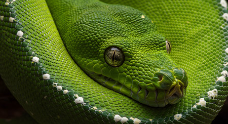Closeup of a Vibrant Green Tree Python with Intricate Scales and Intense Golden Eyesの素材