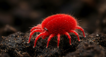 Vibrant Red Velvet Mite Closeup on Soilの素材