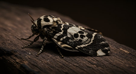 Close up of a moth on a piece of wood with a dark backgroundの素材