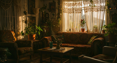 Cozy Bohemian Living Room Interior Bathed in Warm Golden Hour Sunlight with Abundant Green Houseplants and Eclectic Decorの素材