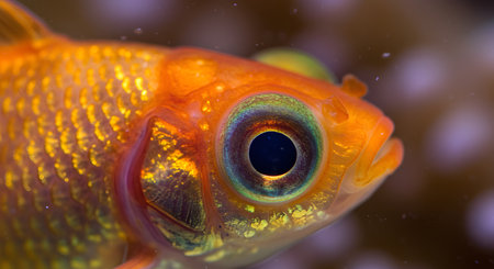 Macro Shot of a Goldfish Eye with Iridescent Colors and Golden Scales in an Aquariumの素材
