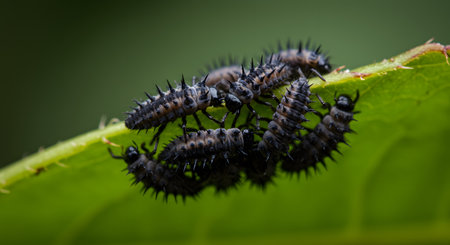 Macro Shot of Predatory Ladybug Larvae Grouped on a Green Leafの素材