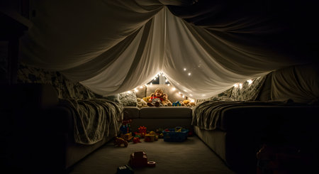 Magical Blanket Fort Adventure Young child sits with stuffed animals inside a cozy dimly lit tent made of blankets and string lightsの素材