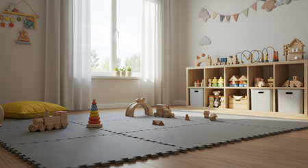 3d rendering of a child's room with wooden toys on the floorの素材