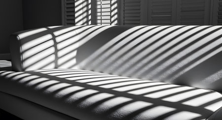 3d rendering of a white leather sofa in a room with blindsの素材