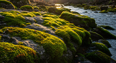 Lush Green Moss on River Rocks at Sunsetの素材