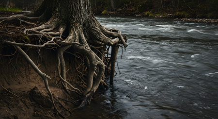 Exposed Tree Roots Gripping Eroding Riverbank by Dark Rushing Waterの素材