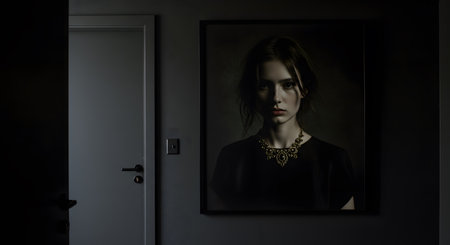 Dramatic Fine Art Portrait on Dark Wall with Shadowy Interior Decorationの素材