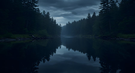 Foggy lake in the forest. Dark landscape. 3d renderingの素材
