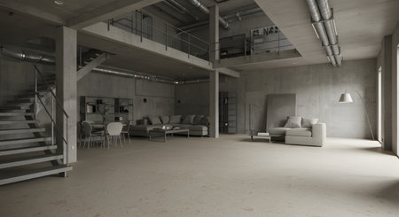 Spacious industrial loft interior with raw concrete walls exposed HVAC modern minimalist furniture and large openplan living and dining areasの素材