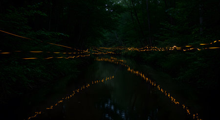 Synchronous Fireflies Long Exposure Over Dark Forest River with Reflectionsの素材