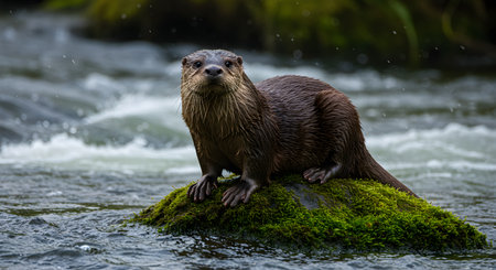 Wild River Otter Resting on Mossy Rock in Rushing Waterの素材
