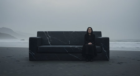 Woman sitting on surreal black marble sofa on a desolate foggy beach symbolizing isolation and melancholyの素材