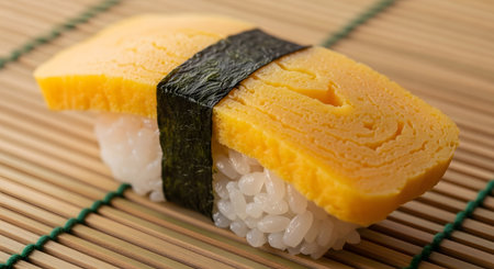 Closeup of Tamago Nigiri sushi Japanese omelette wrapped with Nori seaweed resting on a bamboo matの素材