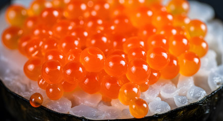 Fresh Ikura Roe Salmon Caviar Macro Detail on Gunkan Maki Sushi Roll emphasizing vibrant orange color and textureの素材